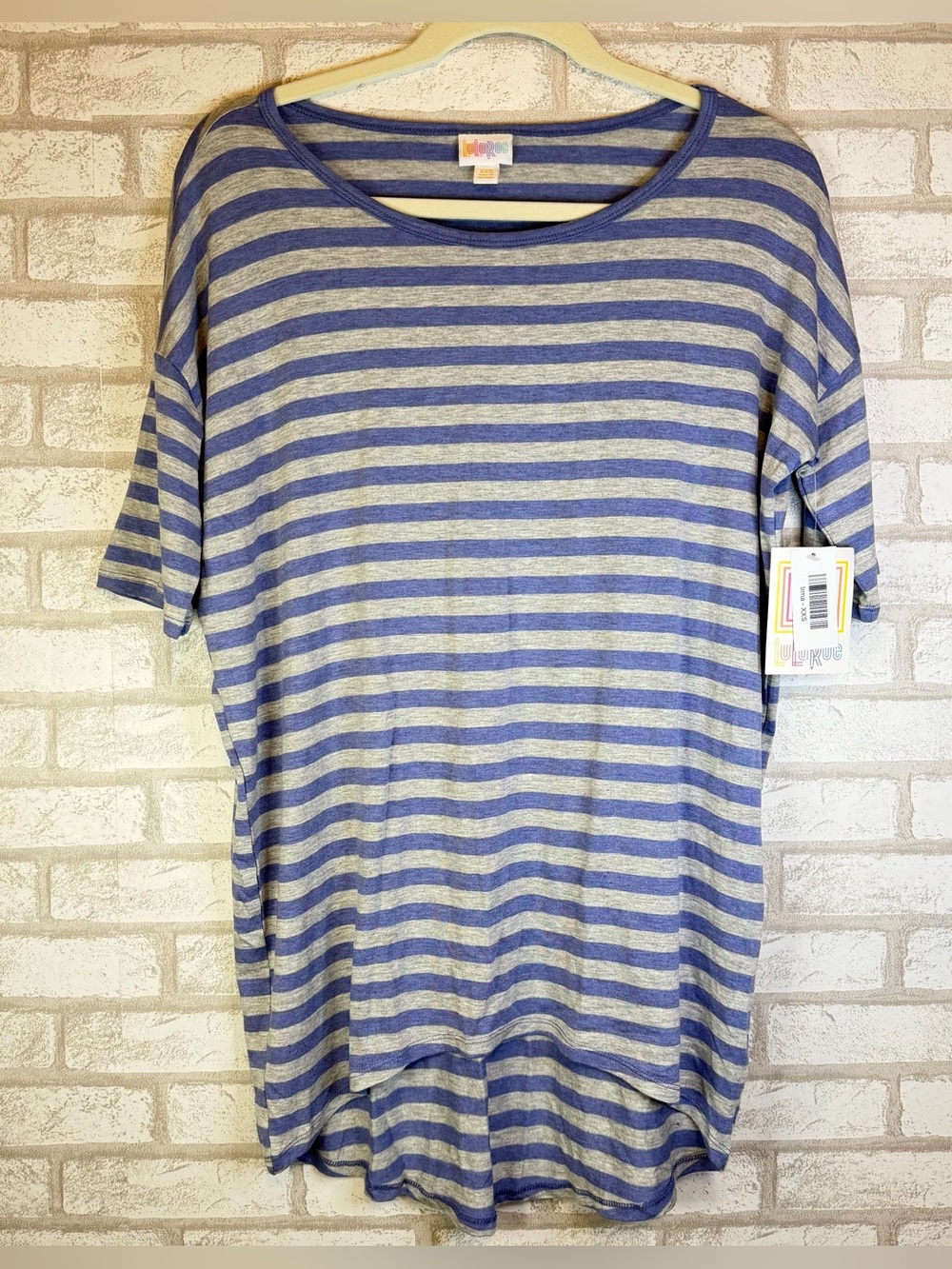 LuLaRoe Irma Blue Gray Striped High Low Tunic Top Short Sleeve Women’s XXS NWT